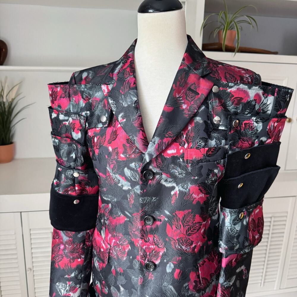 Comme des Garcons Black Floral Jacquard Armor Midi Jacket Detachable Sleeve S